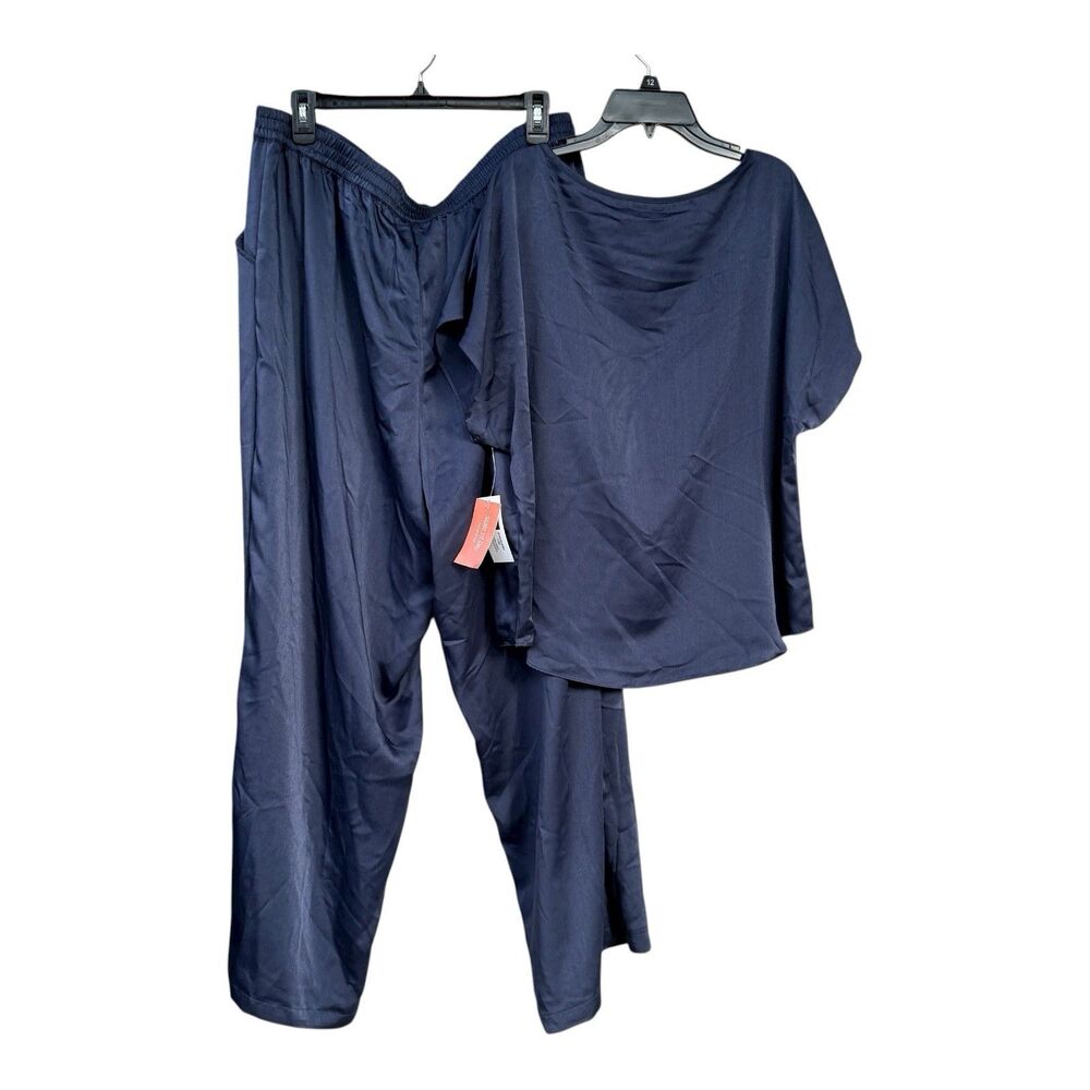 NWT State of Day Women 2 Piece Silky Short Sleeve Top Pants Pajama Set Blue Pink